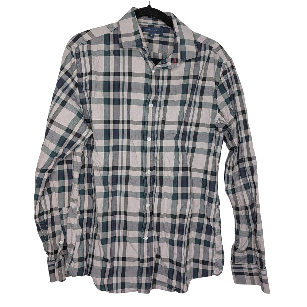 Tommy Hilfiger Mens Slim Fit Plaid Button Down Shirt Grey Navy Green 16 34-35 L